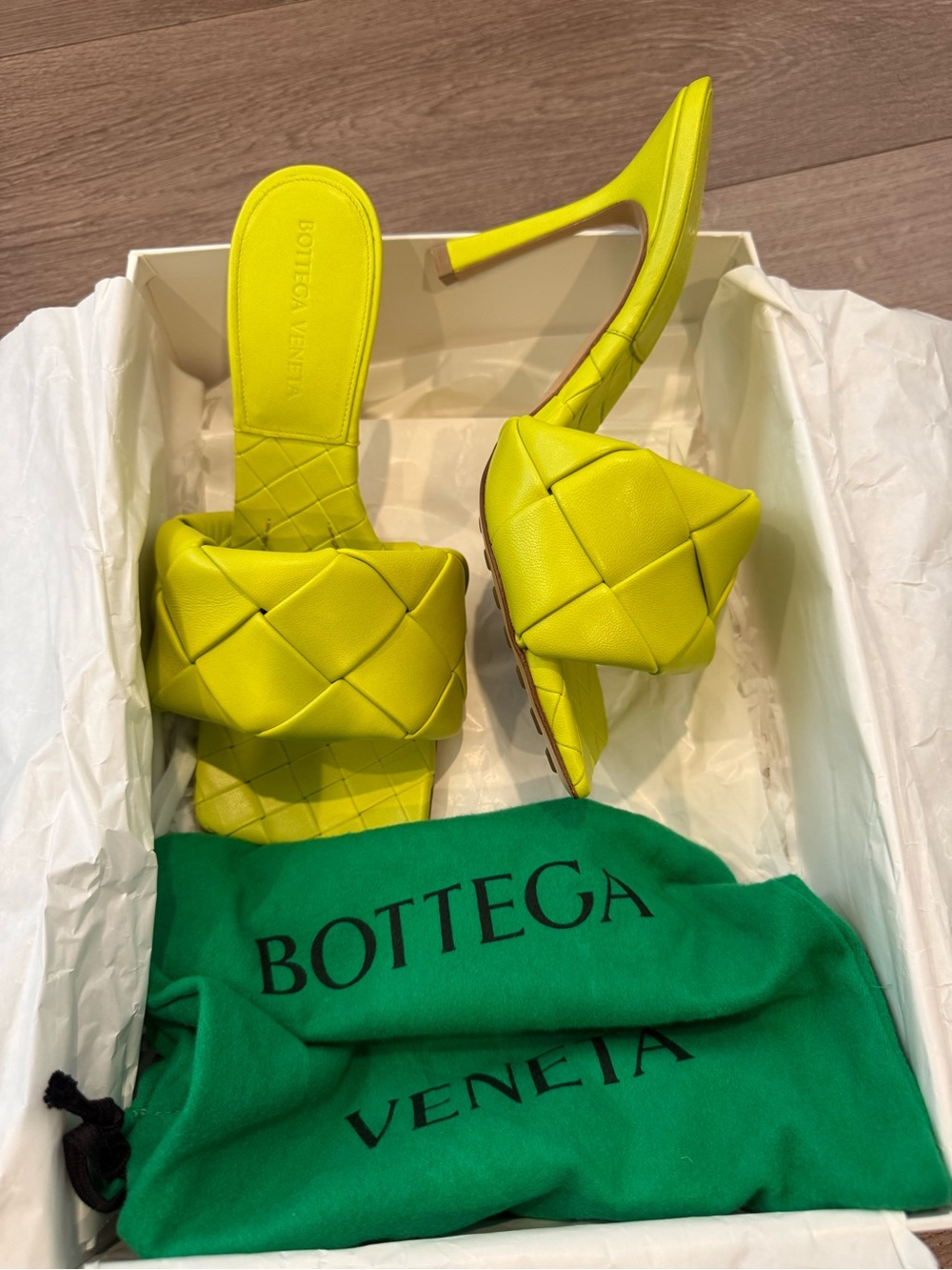 Bottega Veneta Neon Yellow Padded Leather Slide Heels